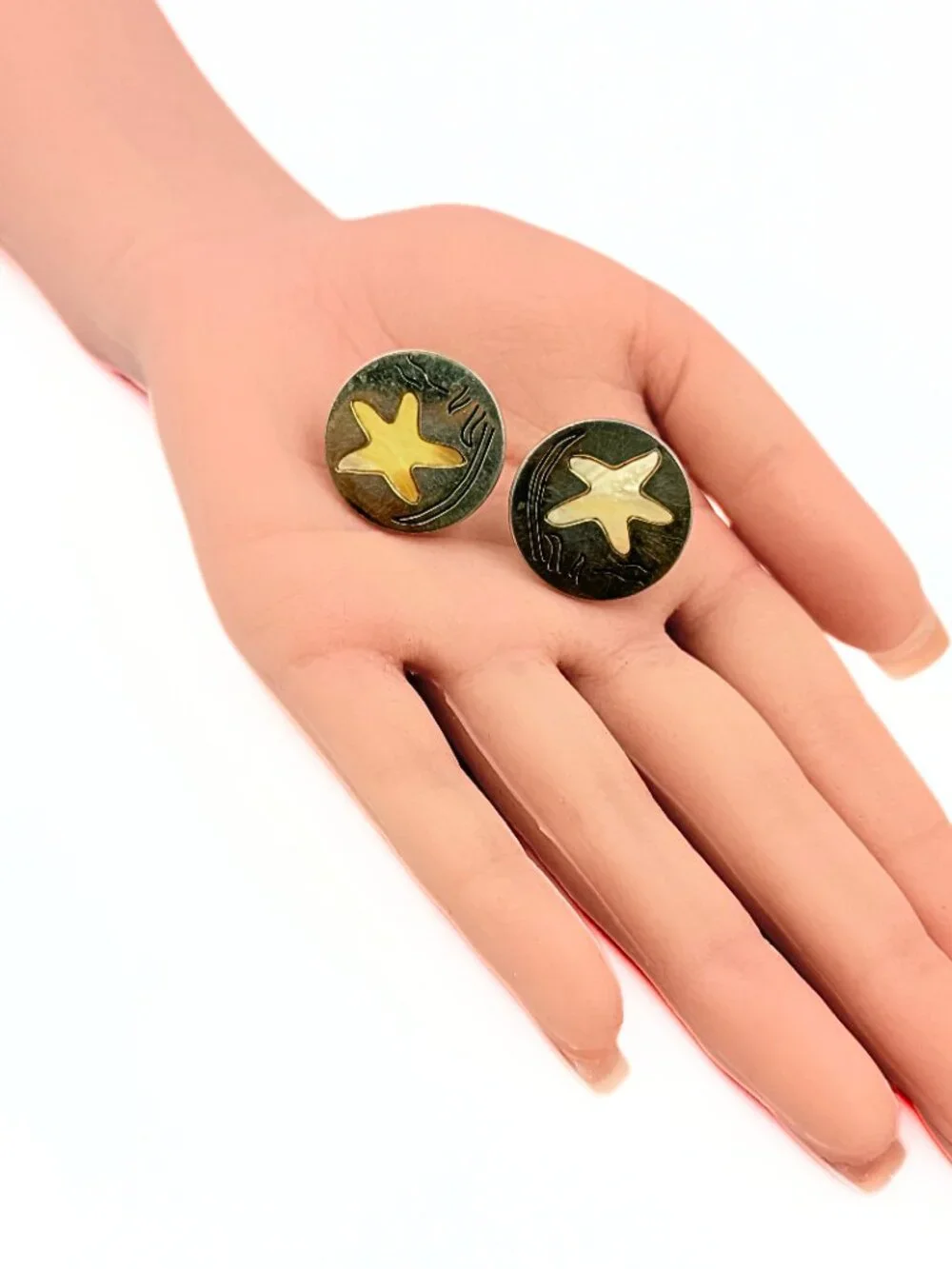 Swank Designer Signed Round Gold Plate MOP Starfish Beach Motif Cufflinks